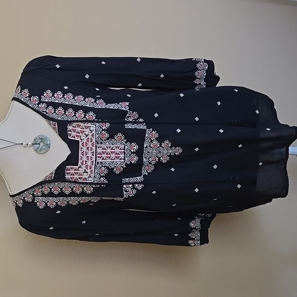 Anthropologie Vanessa Virginia Embroidered Sequin Blouse Navy Like-New - S